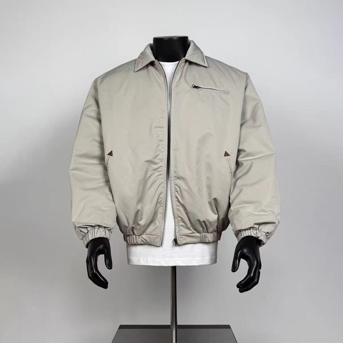 Men’s Light Khaki Collared Harrington Jacket Zip Chest Pocket Triangle Detail Elastic Cuff Wind Coat