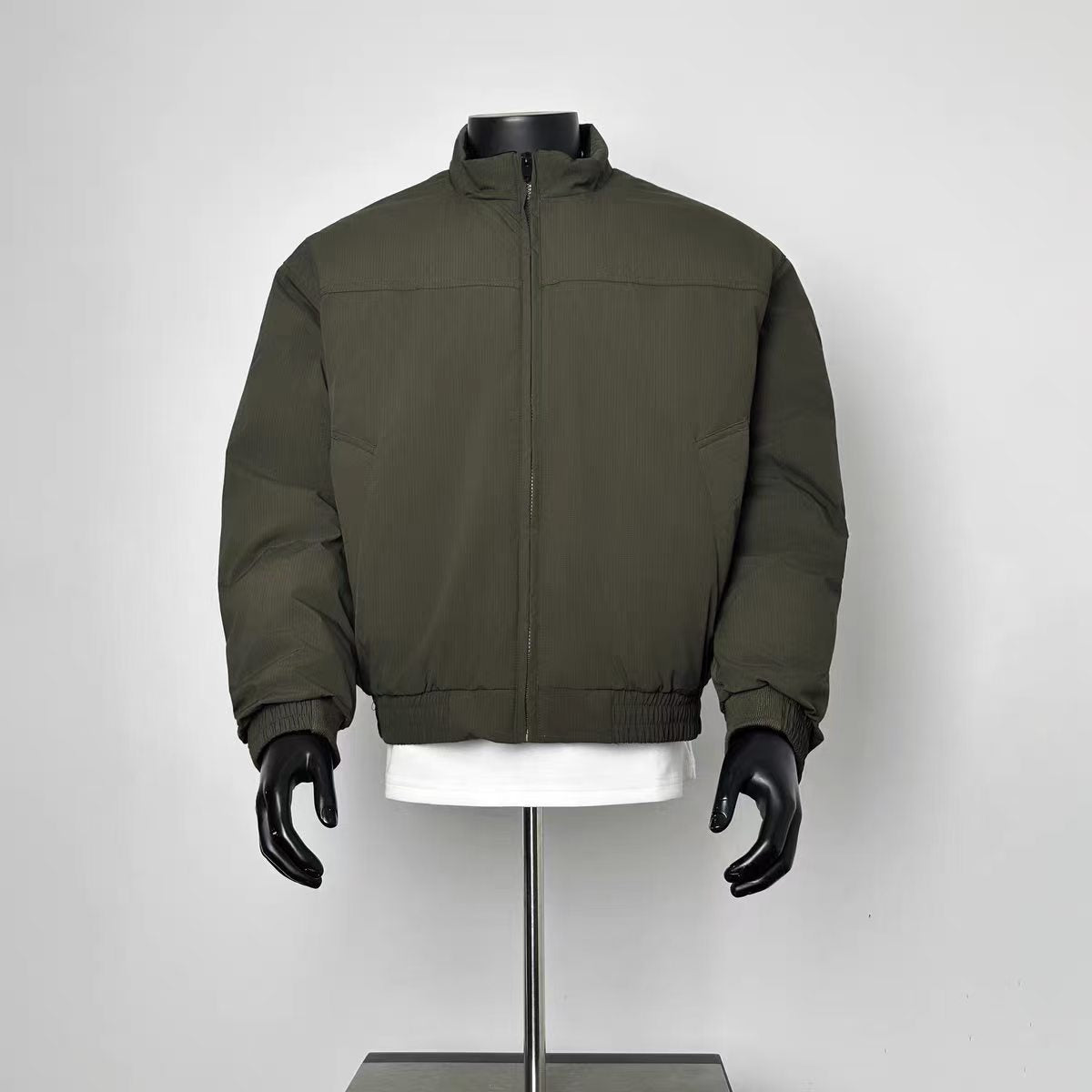 Men’s Army Green Ripstop Padded Stand Collar Bomber Jacket Elastic Cuff Warm Wind Coat