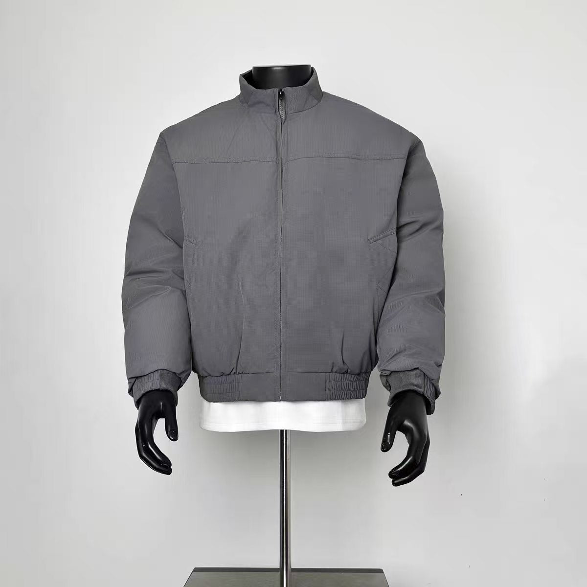 Men’s Dark Grey Ripstop Light Padded Stand Collar Bomber Jacket Elastic Cuff Warm Wind Coat