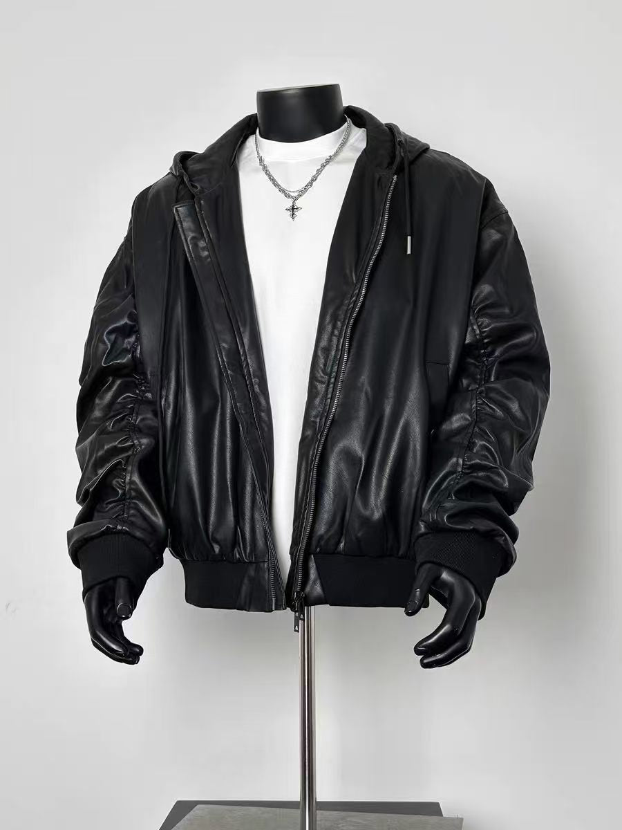 Men’s Black Faux Leather Hooded Bomber Jacket Ruched Sleeve Double Zip Relaxed Wind Coat