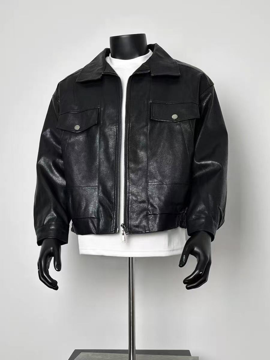 Men’s Vintage Cracked Black Faux Leather Trucker Jacket Lapel Collar Dual Snap Chest Pocket Wind Coat