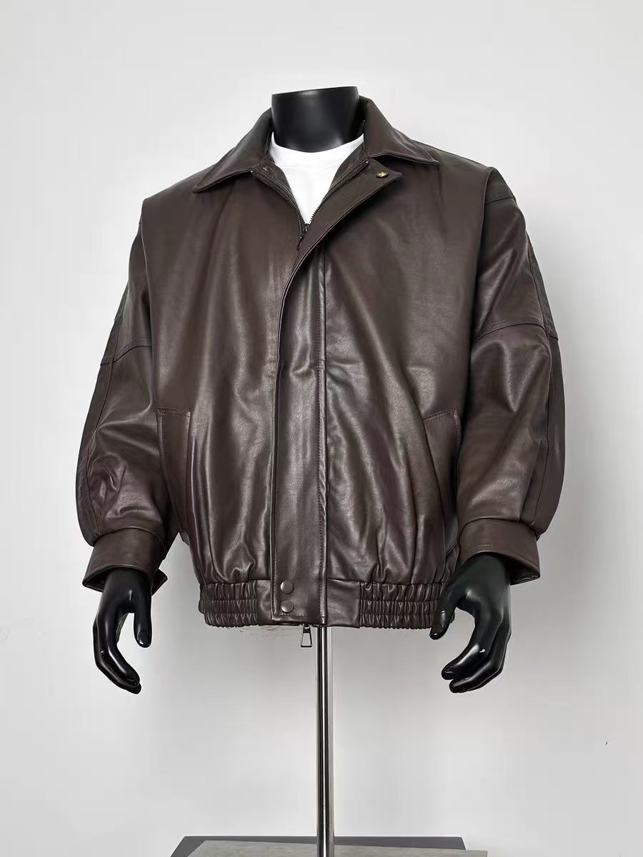 Retro Coffee PU Leather Flight Jacket Men Lapel Snap Collar Loose Cropped Relaxed Outerwear