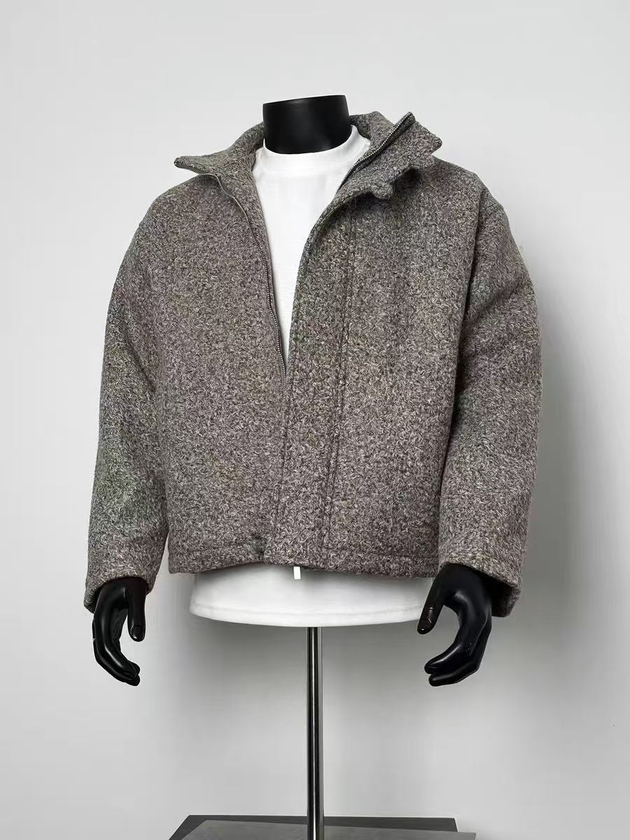 Men’s Heather Gray Bouclé Wool Blend Stand Collar Padded Bomber Jacket Zip Warm Winter Coat