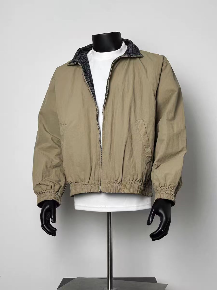 Men’s Khaki Reversible Plaid Lined Stand Collar Bomber Jacket Elastic Cuff Wind Coat