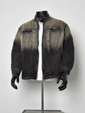 Men’s Gradient Washed Black Denim Stand Collar Zip Jacket Curved Seam Cargo Wind Coat
