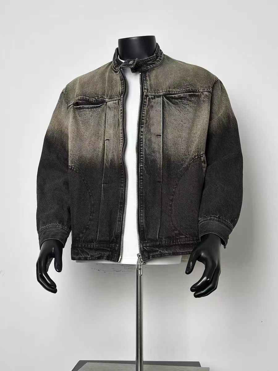Men’s Gradient Washed Black Denim Stand Collar Zip Jacket Curved Seam Cargo Wind Coat